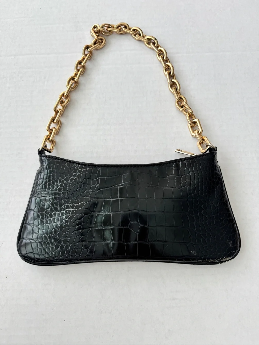 Zara Black Croc-Embossed Clutch with Gold Chain Strap